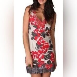FREE PEOPLE Red Floral Dress Embroidered Details Gray Ivory Shift Sheath Cotton